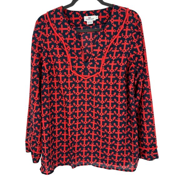 Vineyard Vines Dark Blue Red Anchor Print Tunic Long Sleeve Rope Detail Casual L - Picture 1 of 6